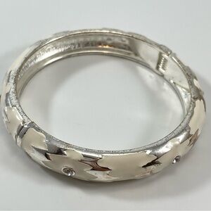 Trendy Unsigned Silver Tone White Enamel Rhinestone Hinged Bangle Bracelet
